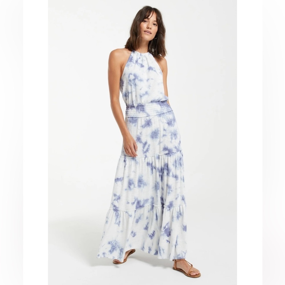 Z Supply White and Light Blue Tie-Dye Halter Maxi Dress